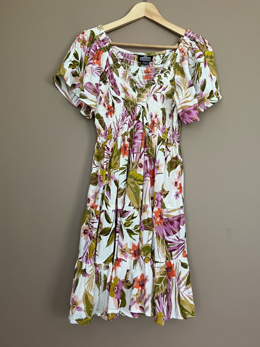 {Angie} Floral Short Sleeve Tiered Mini Dress with Smocking - Womens Medium